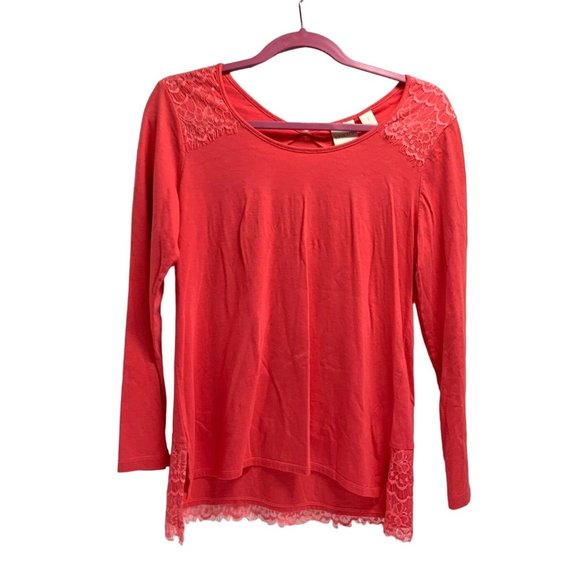 Chicos Womens Size 1 Medium Orange Tee Tshirt Lace Overlay shoulder back Long Sl - Picture 1 of 6